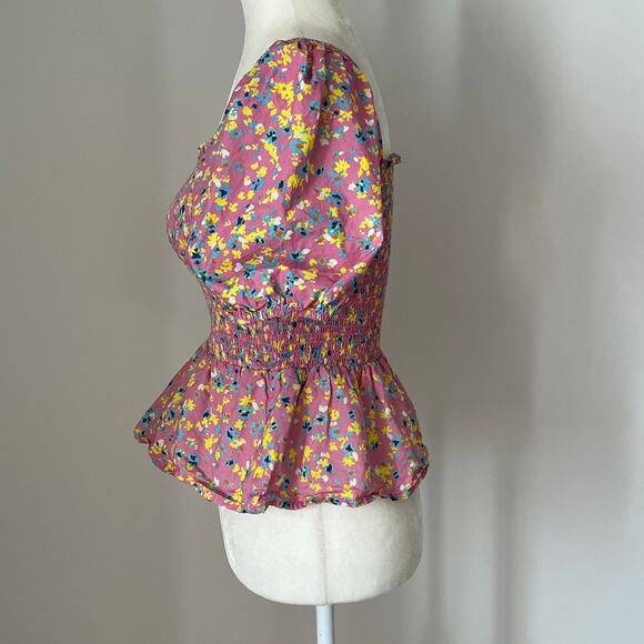 French Connection Stacie Daisy Print Smocked Peplum Top Moonlite Pink - Picture 4 of 8